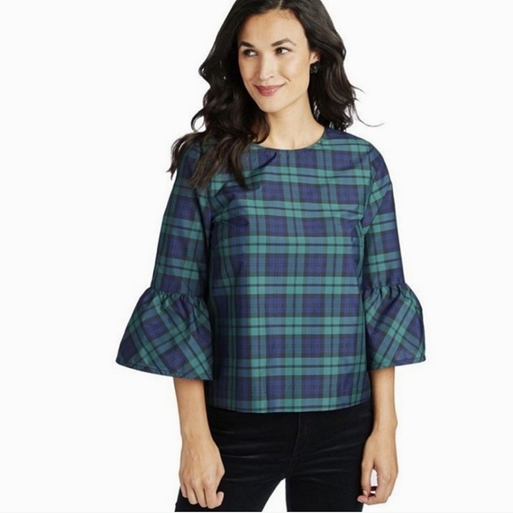 VINEYARD VINES Holiday Navy and Green Plaid Bell Sleeve Top - Picture 1 of 12